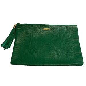 Gigi New York Kelly Green Embossed Python Clutch Gold Color Zipper 13"x9" Tassel